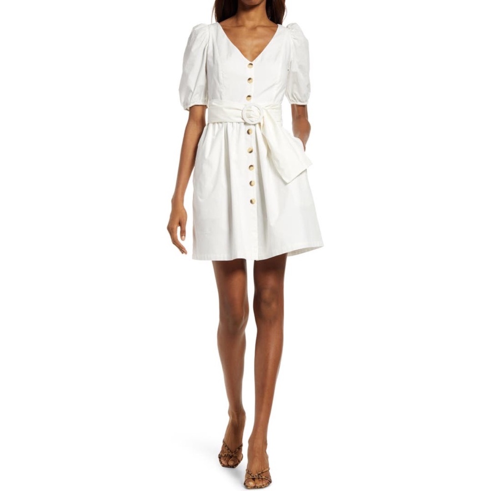 French Connection White Puff Sleeve Besima Belted Cotton Poplin Dress Size 4 NWT